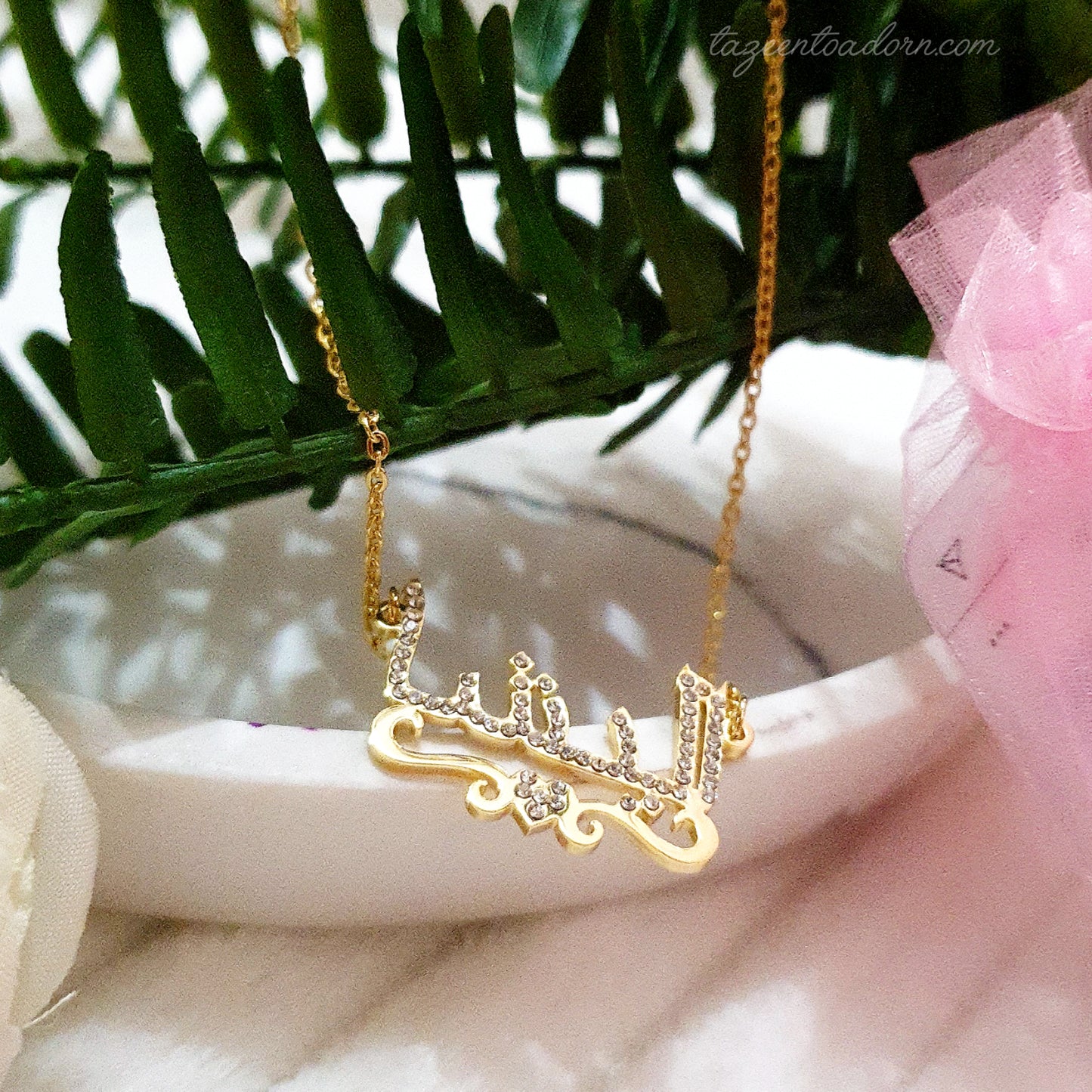 Personalised Custom Girls Diamante Name with Ribbon & Heart Necklace -  Arabic English Jewellery Kid, Toddler Gifts - Baby to 14years - AISHA