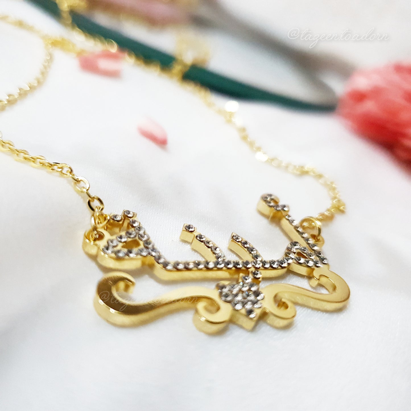 Personalised Custom Single Name Sparkling Diamante Heart with Ribbon Necklace -  Arabic English Eid Jewellery Gift - AISHA