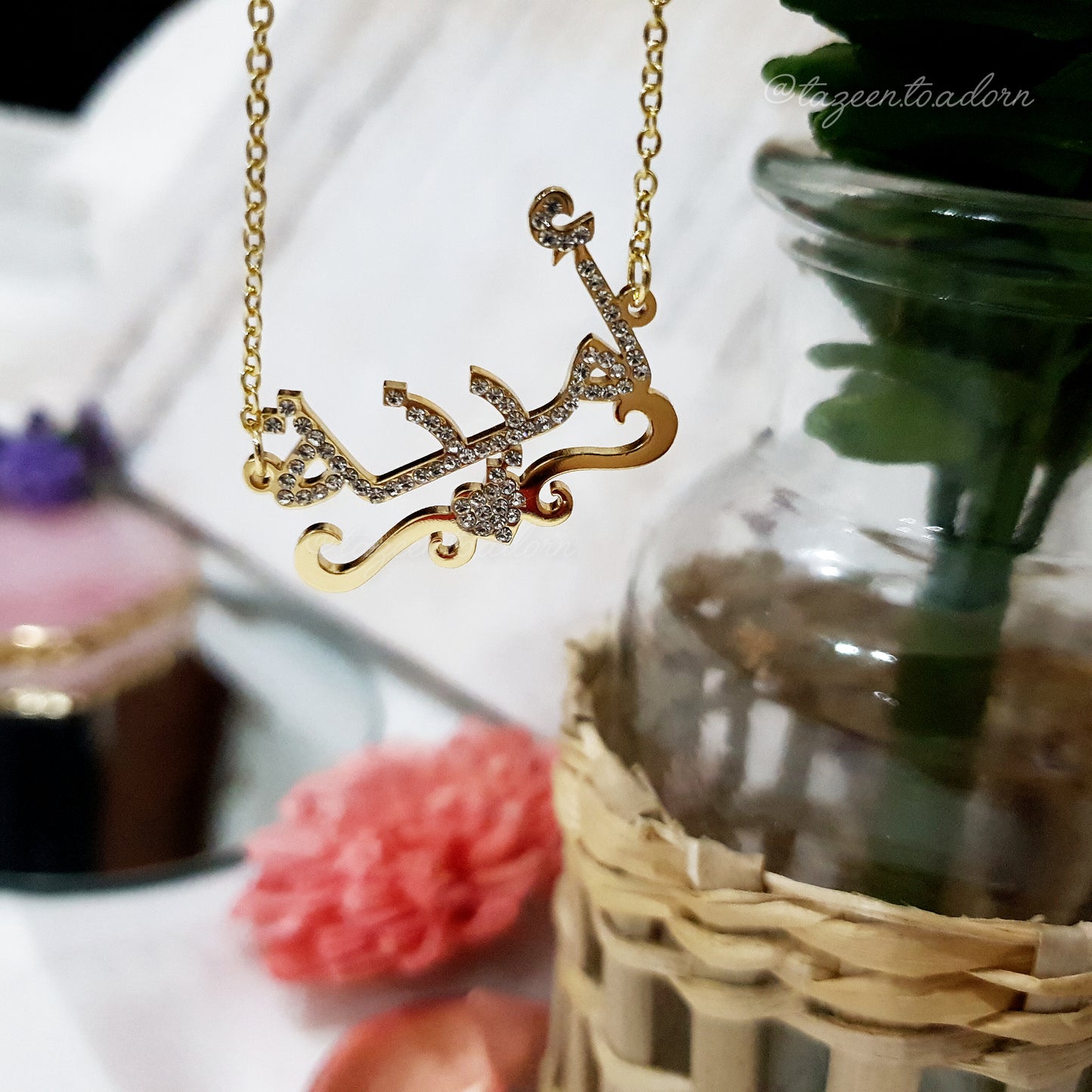 Personalised Custom Single Name Sparkling Diamante Heart with Ribbon Necklace -  Arabic English Eid Jewellery Gift - AISHA