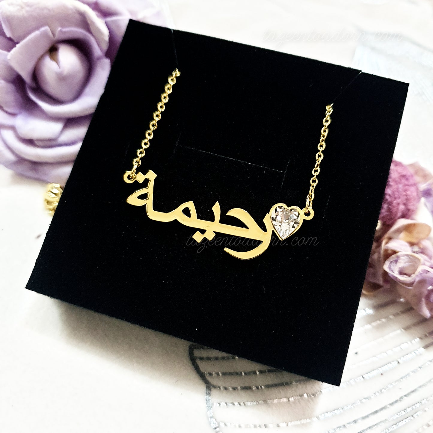Personalised Custom Single Name necklace with Heart Birthstone - Adults Jewellery Gift Ladies Arabic English - AANAH