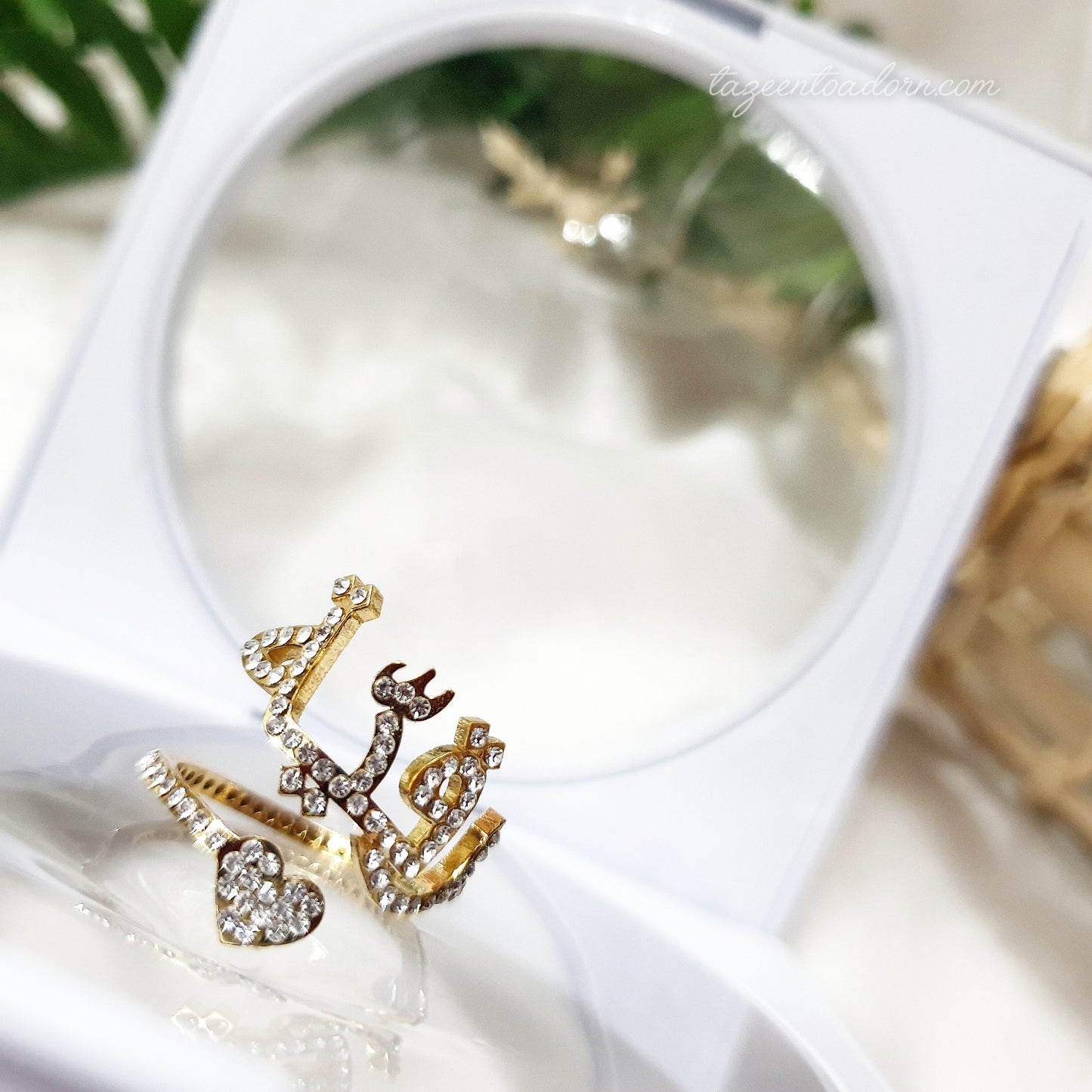 Personalised Diamante Diamond Single One Name Ring -  With Heart - Custom Bespoke Arabic English Jewellery Gift   - LEILA