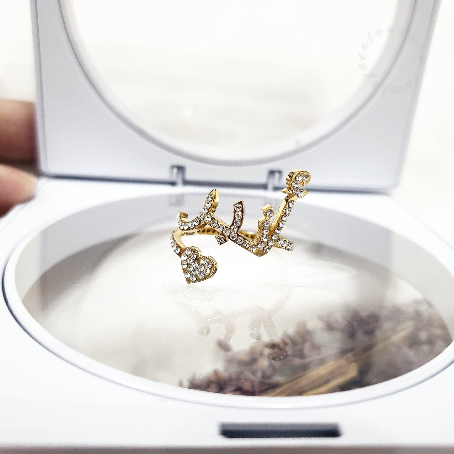 Personalised Diamante Diamond Single One Name Ring -  With Heart - Custom Bespoke Arabic English Jewellery Gift   - LEILA
